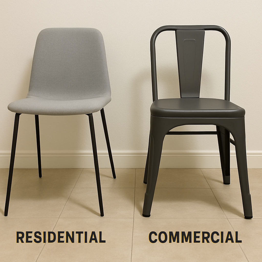 A simple side-by-side comparison photo. On the left, a lightweight, spindly-legged dining chair labeled Residential. On the right, a sturdier, fully-welded cafe chair with thicker legs labeled Commer.png